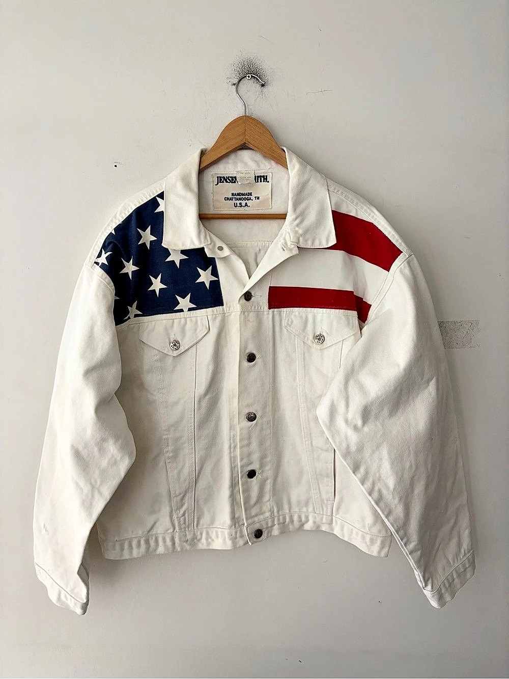 Vintage Jensen Smith American Flag Denim Jacket White & Red XL Made in USA